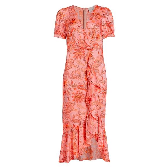 Cinq à Sept faux-wrap-front bodice ruffled hem dress Kay satin midi-dress size 4 - Picture 2 of 10